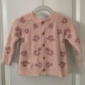 Soft Pink Baby Girl Cardigan, Abstract Leopard / Floral Print Pink Sweater, 6-9M
